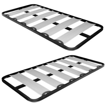 Base de cama con estructura negra y láminas grises sujetas con herrajes metálicos