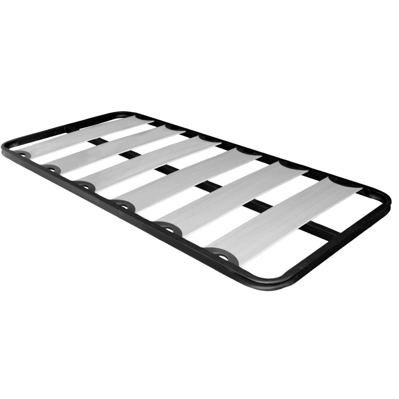 Base de cama con estructura metálica negra y láminas grises de soporte vista en perspectiva