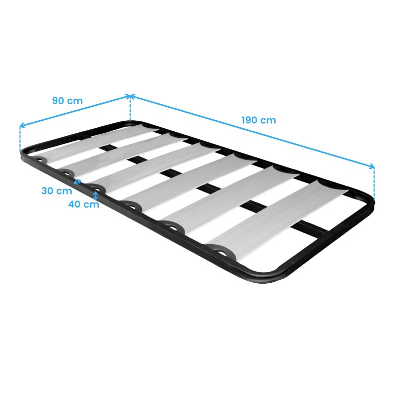 Base de cama con estructura negra y listones grises sobre fondo blanco