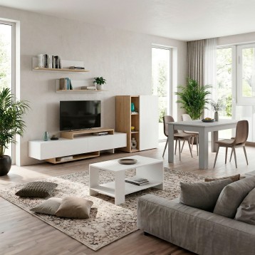 Mueble TV blanco con cajones y madera natural en salón moderno con estantes flotantes y ambiente integrado