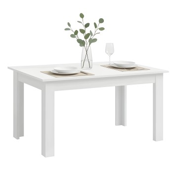 Mesa de comedor rectangular blanca con patas anchas y tablero liso ambientada con vajilla y florero
