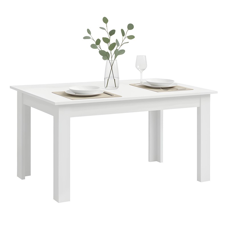 Mesa de comedor rectangular blanca con patas anchas y tablero liso ambientada con vajilla y florero