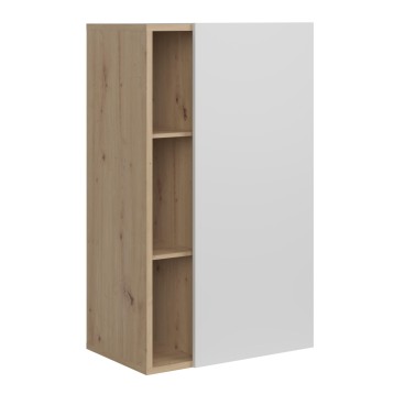 Mueble columna de madera natural con tres estantes abiertos y panel lateral blanco