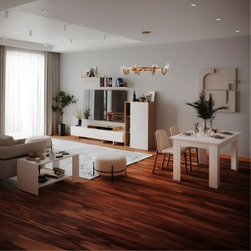 Salón moderno con mueble TV blanco y madera natural y mesa comedor rectangular blanca vista en ambiente de vivienda