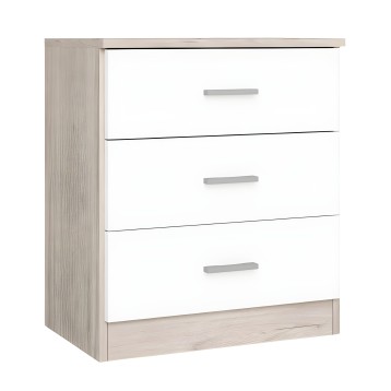 Cómoda de madera clara con frente blanco y cuatro cajones con tiradores grises metálicos