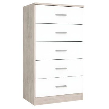 Cómoda de madera clara con seis cajones blancos y tiradores grises metálicos