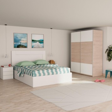 Dormitorio completo con cama blanca y armario corredera blanco y madera natural en ambiente moderno