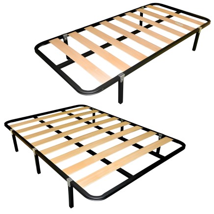 Base cama de metal negro con láminas de madera natural y patas ajustables visto desde dos ángulos