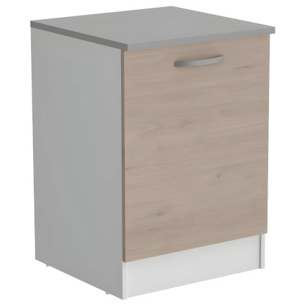 Mueble base de cocina con puerta en madera clara y encimera gris oscura y tirador metálico