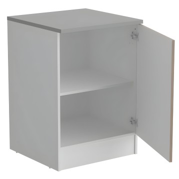 Mueble bajo cocina blanco con puerta abatible y estante interior visible