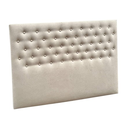 Cabecero tapizado en lino beige con capitoné y botones decorativos