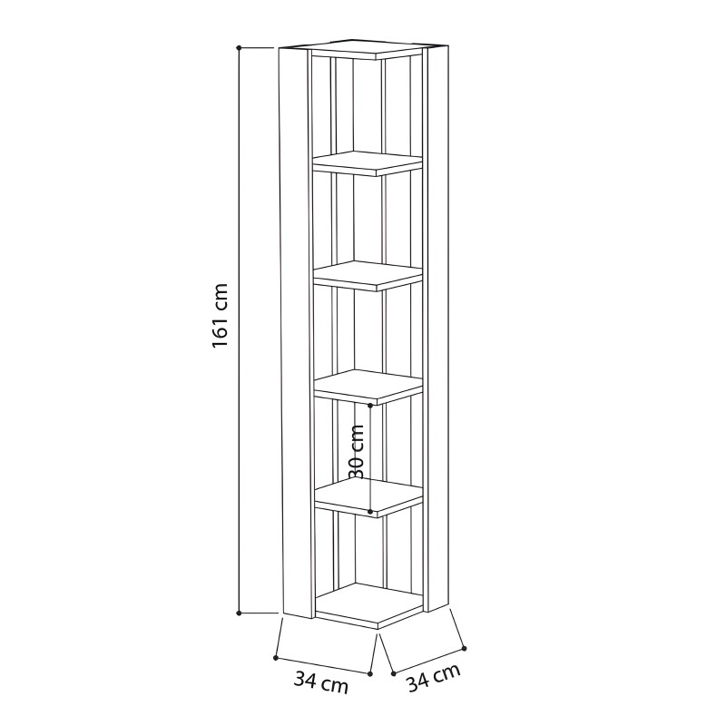 Estantería vertical esquinera con estructura de madera y seis estantes horizontales distribuidos en altura