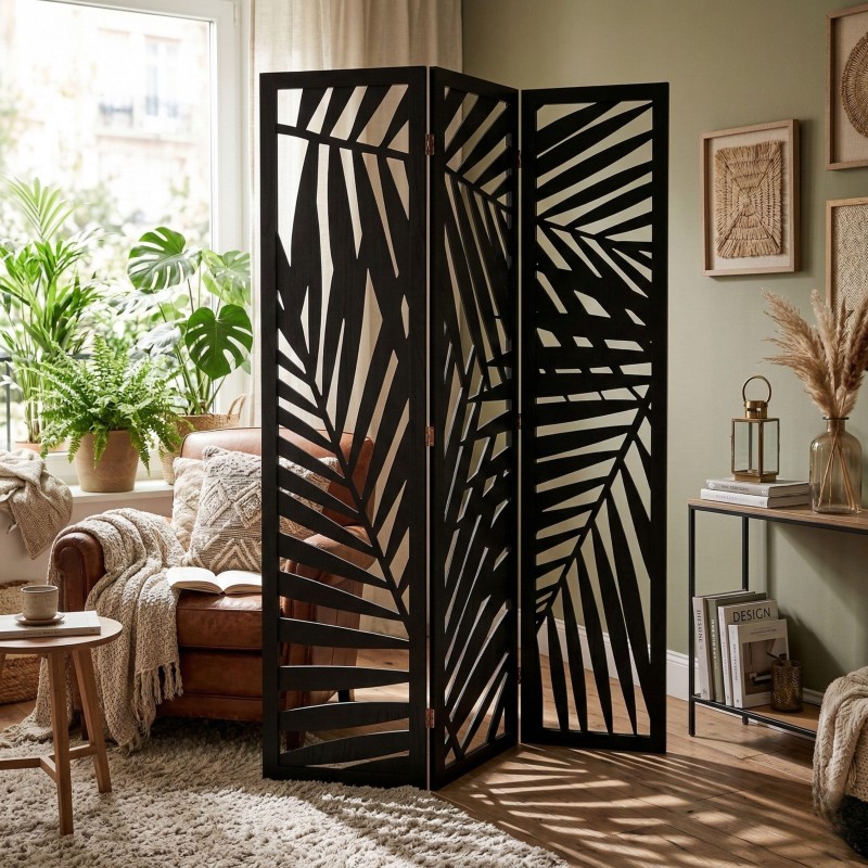 Biombo de tres paneles negro con diseño geométrico de hojas y patrón calado en ambiente de sala
