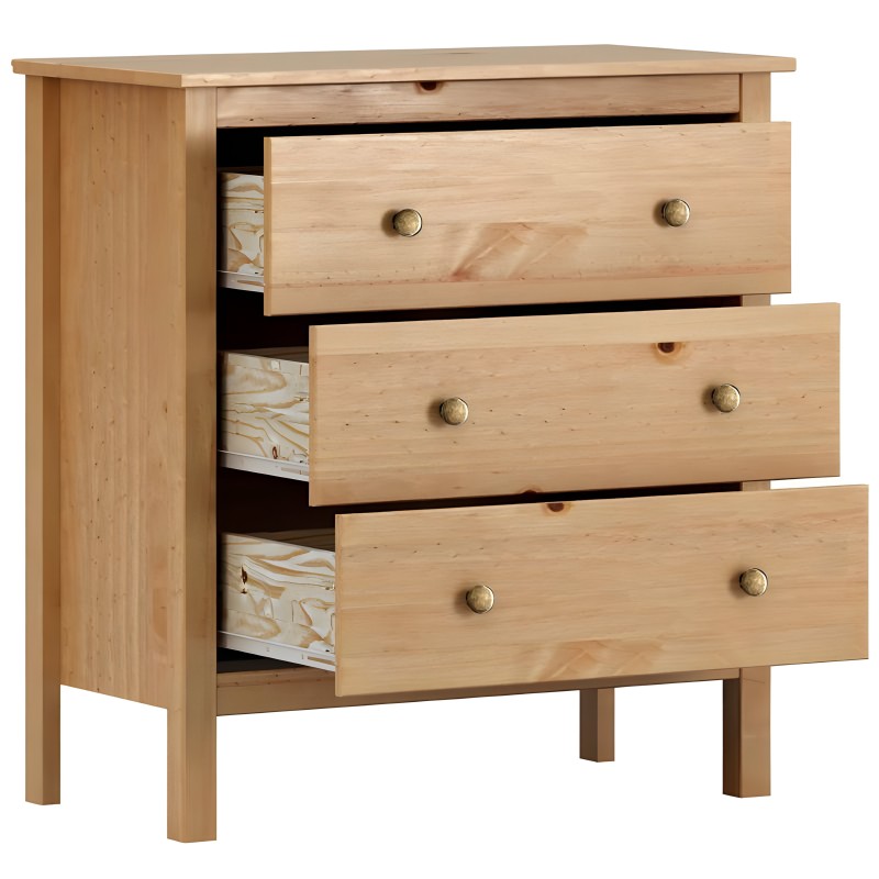 Cómoda de madera natural con cuatro cajones abiertos y tiradores redondos