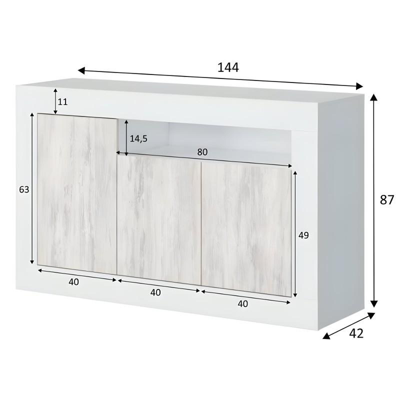 Mueble aparador blanco con frentes en madera clara y tres puertas. Vista frontal con medidas indicadas.