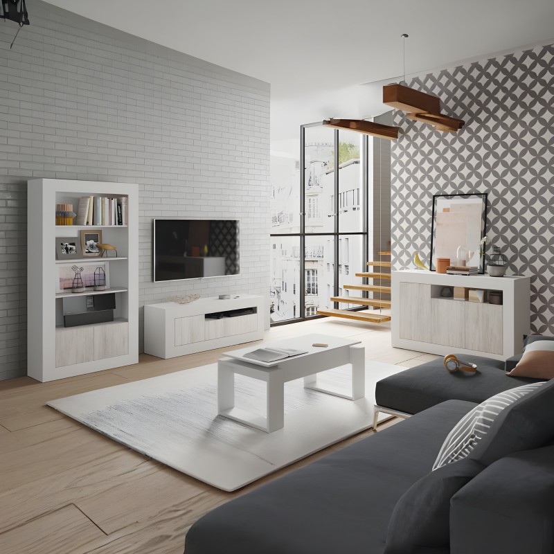 Ambiente de sala de estar con muebles modulares en tonos blancos y madera clara incluyendo estantería televisor y aparador