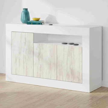 Aparador blanco con puertas efecto madera clara y estante abierto superior decorado