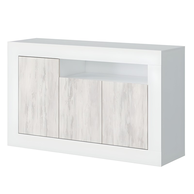 Aparador blanco con puertas efecto madera clara y estante superior abierto