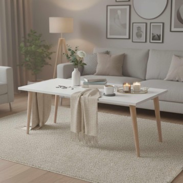 Mesa de centro rectangular blanca con patas de madera natural en ambiente de sala