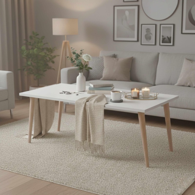 Mesa de centro rectangular blanca con patas de madera natural en ambiente de sala