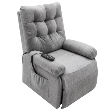 Sillón reclinable gris claro con respaldo acolchado y control remoto en el asiento