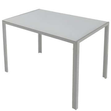 Mesa rectangular gris claro con tablero liso y estructura de patas metálicas en vista de perspectiva