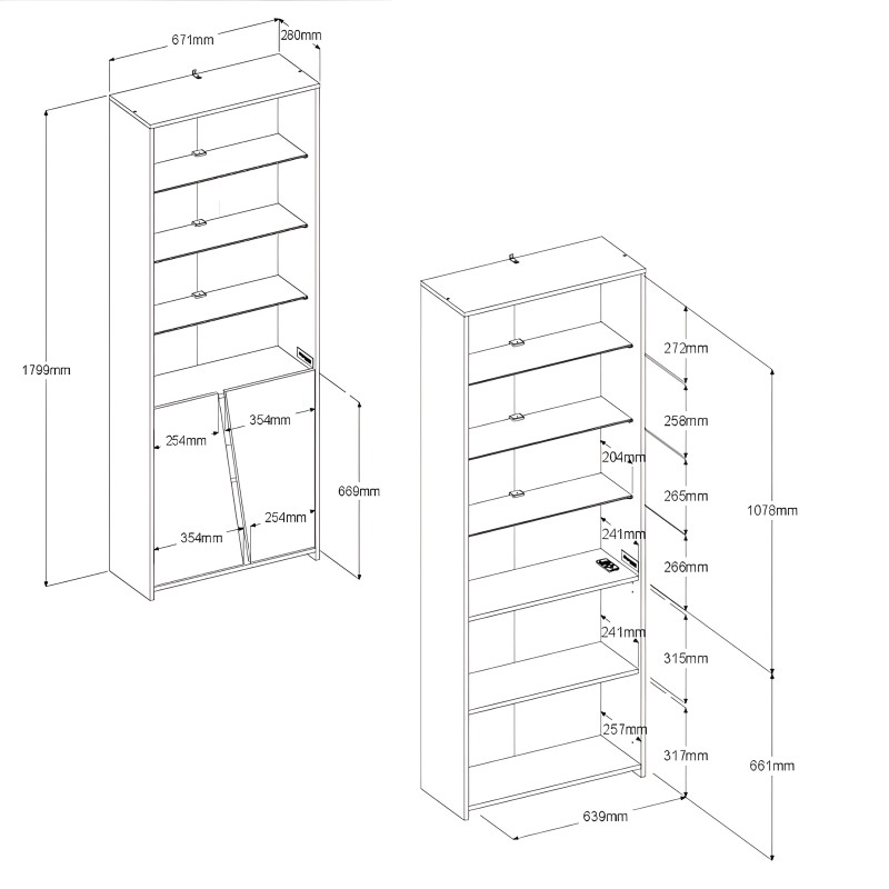 Estantería modular alta con múltiples estantes ajustables y puerta acristalada en base y sección superior