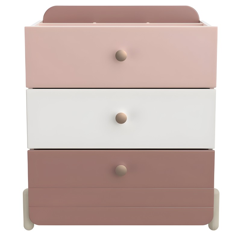 Cajonera de cuatro cajones en tonos rosa y blanco con tiradores redondos y patas redondeadas