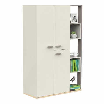 Armario blanco crema con puertas y cajón central y módulos abiertos laterales para almacenaje y decoración