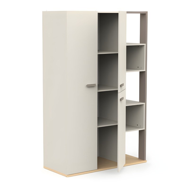 Armario modular blanco y gris con estantes abiertos y puerta abatible con base de madera