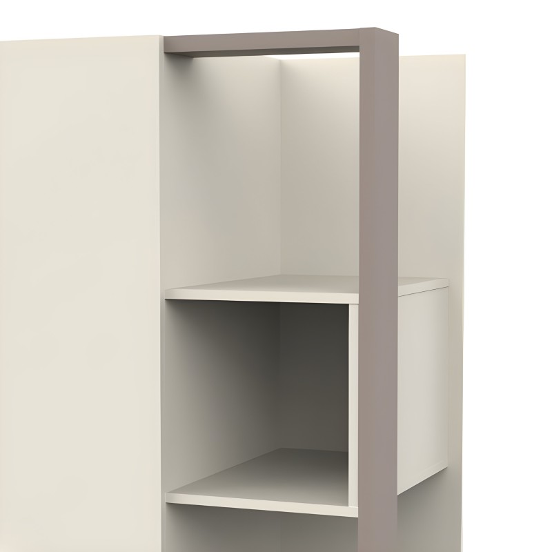 Estantería modular gris con marco en taupe y dos compartimentos abiertos de almacenamiento