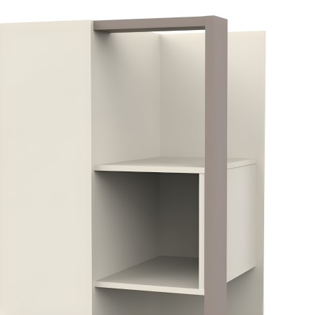 Estantería modular gris con marco en taupe y dos compartimentos abiertos de almacenamiento