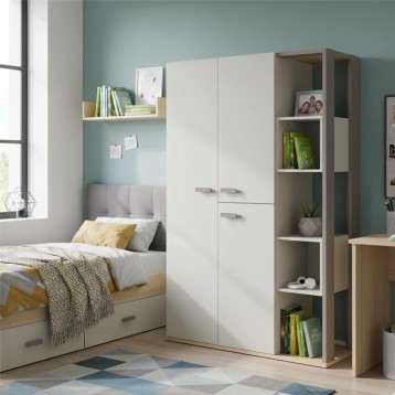 Armario modular blanco y madera con estantes abiertos y puertas cerradas en ambiente de dormitorio infantil