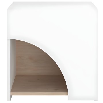 Mesita de noche blanca con nicho curvo y interior en madera natural