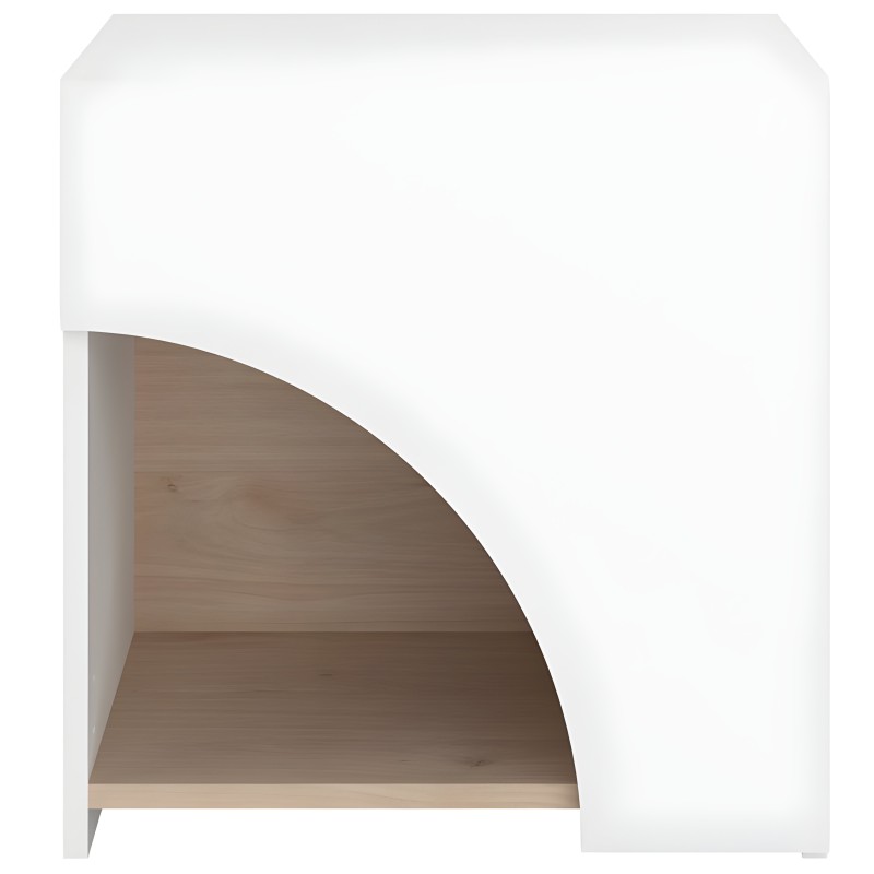Mesita de noche blanca con nicho curvo y interior en madera natural