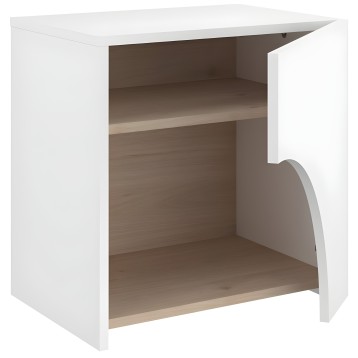 Mueble auxiliar blanco con puerta curva y interior marrón con dos estantes
