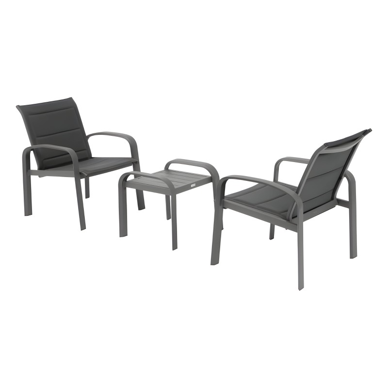 Conjunto de jardín con dos sillones gris oscuro y almohadilla y mesita central de aluminio