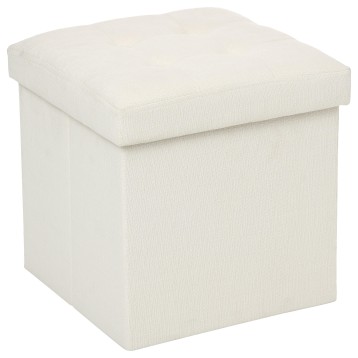 Puf baúl cuadrado tapizado en lino color crema con asiento acolchado y almacenaje