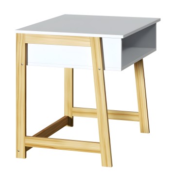 Escritorio con tablero gris y estructura de madera natural con cajón blanco lateral y patas de tablón macizo