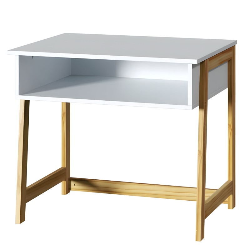 Escritorio con tablero gris claro y estructura de madera natural con nicho abierto inferior