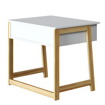 Escritorio con tablero gris y estructura en madera natural con cajón blanco frontal