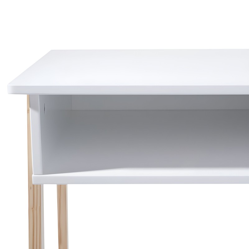 Escritorio con tablero blanco y estructura de madera natural con cajón frontal gris