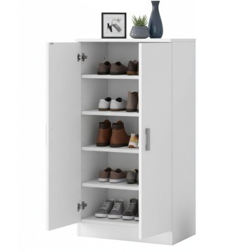Armario zapatero blanco con puertas abatibles y seis estantes internos para almacenamiento de zapatos y accesorios