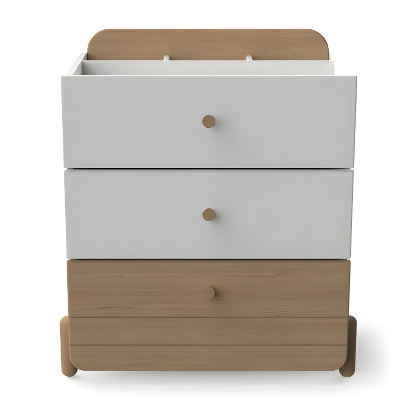 Cómoda blanca y madera con cuatro cajones y tirador redondo en tonos naturales
