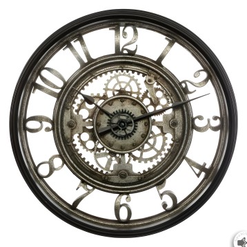 Reloj de pared estilo industrial con marco negro y engranajes dorados visibles en el centro