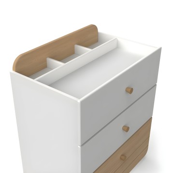 Cajonera blanca y madera con dos cajones y compartimentos superiores de almacenaje