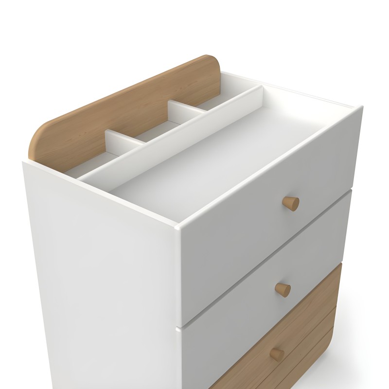 Cajonera blanca y madera con dos cajones y compartimentos superiores de almacenaje