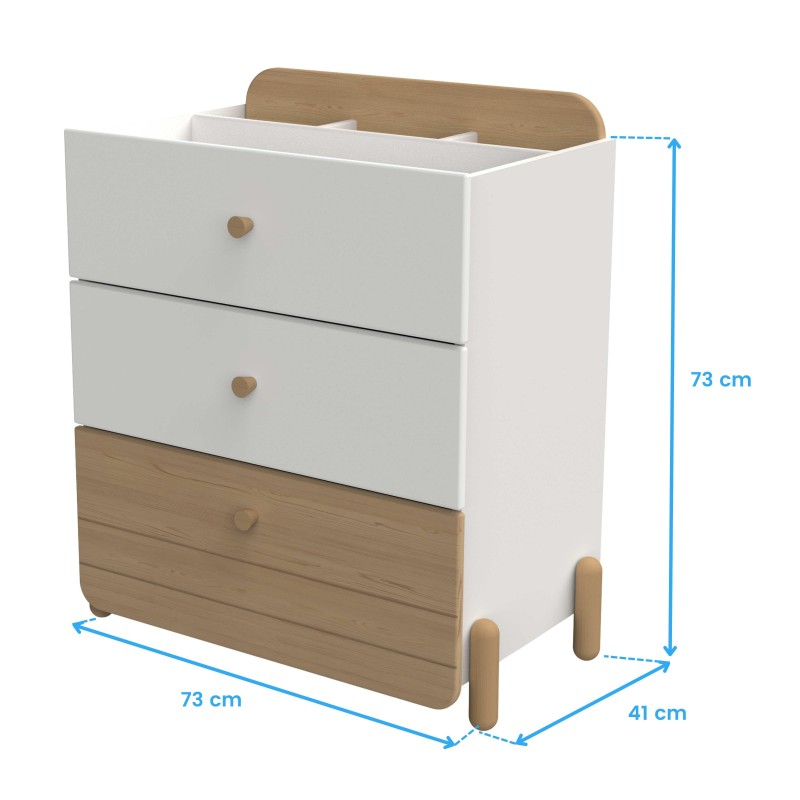 Cajonera blanca y madera con tres cajones y respaldo redondeado de madera natural