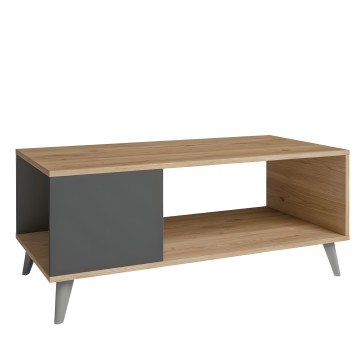 Mesa de centro de madera natural y gris con compartimento abierto y patas metálicas grises