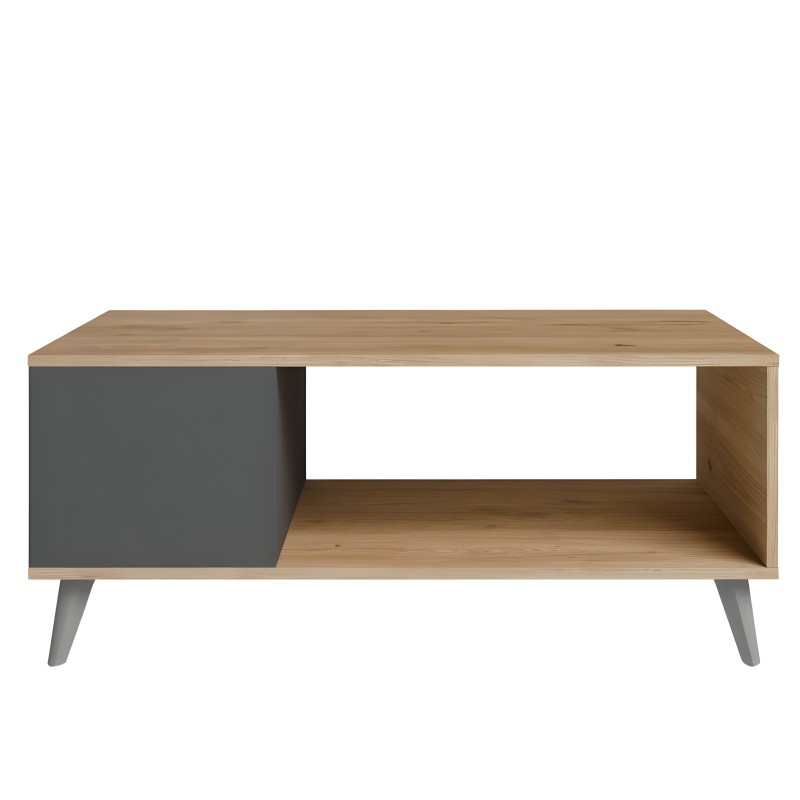 Mesa de centro de madera natural con puerta gris antracita y estantes abiertos sobre patas metálicas grises
